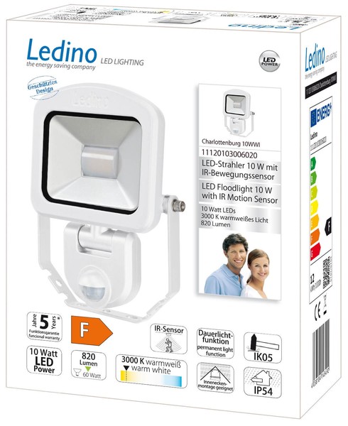 Ledino LED-Strahler mit Sensor PIR Flutlicht Charlottenburg 10WWI, 10W, 3000K warmweiss