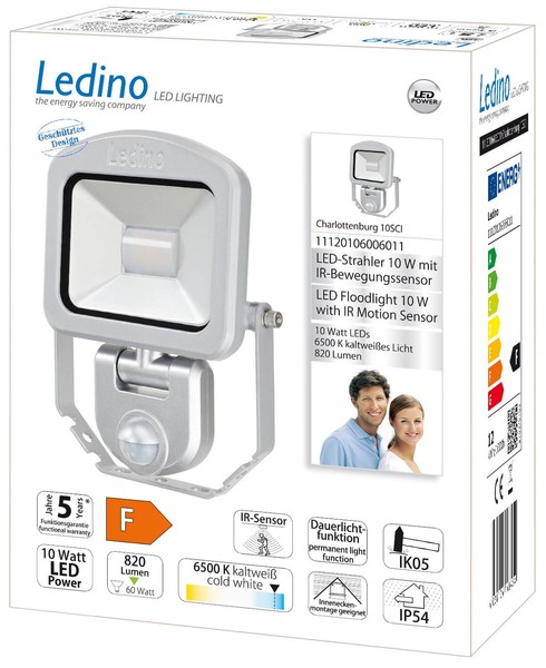 Ledino LED-Strahler mit Sensor PIR Fluter Charlottenburg 10SCI, 10W, 6500K, silber tageslichtweiss