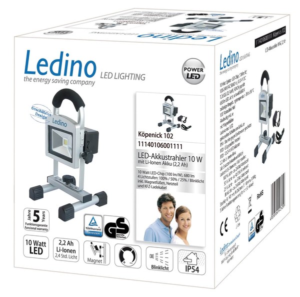 Ledino LED-Akkustrahler 10W tragbarer Baustrahler Köpenick 102, 2,2 Ah, silber tageslichtweiss