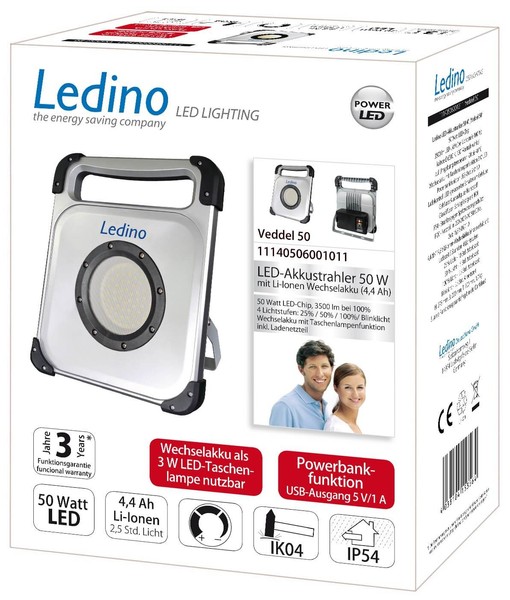 Ledino LED-Akkustrahler 50+3W tragbare Fluterleuchte Veddel50, Li-Ionen Wechselakku mobil tageslichtweiss