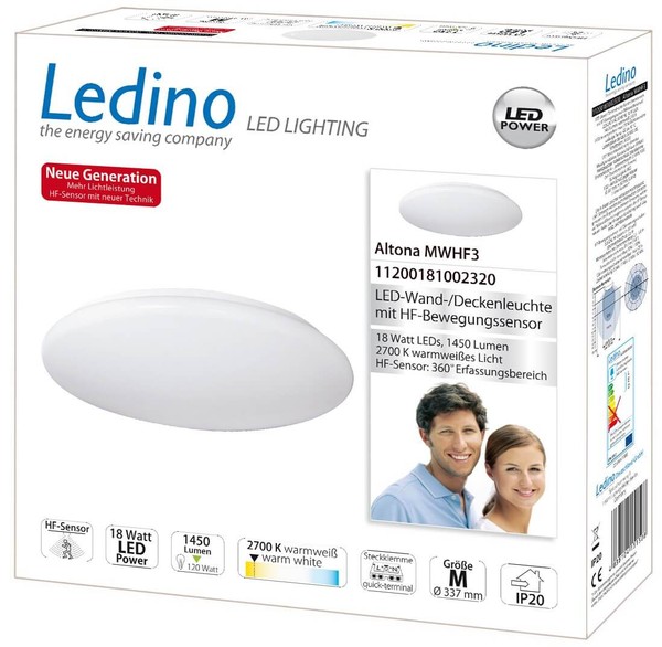 Ledino LED-Leuchte Altona MWHF3 mit Bewegungsmelder Decke, 18W, HF-Sensor 3000K 34cm warmweiss