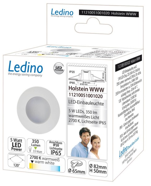 Ledino LED-Einbauleuchte IP65 Einbaustrahler Holstein WWW, 5W, 2700K Bad-Bereich warmweiss
