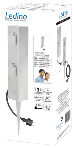 Ledino Steckdosensäule 4er mit Erdspieß Connect S4, Edelstahl Außen