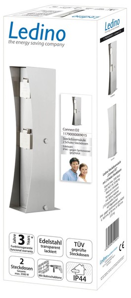 Ledino Steckdosensäule 2er Connect D2, Edelstahl Außen Design Stromsäule