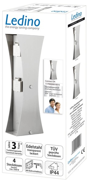 Ledino Steckdosensäule 4er Connect D4, Edelstahl Außen Design-Stromsäule