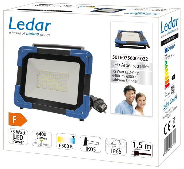 Ledar LED-Arbeitstrahler 75W Flutlicht 6400m, 6500K, IP65, schwarz tageslichtweiss
