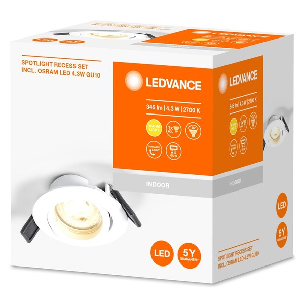 LEDVANCE Einbauspot GU10, Einbauleuchte LED ultra-flach, kompakt 8,8cm 4,30W warmweiss 36° 90Ra
