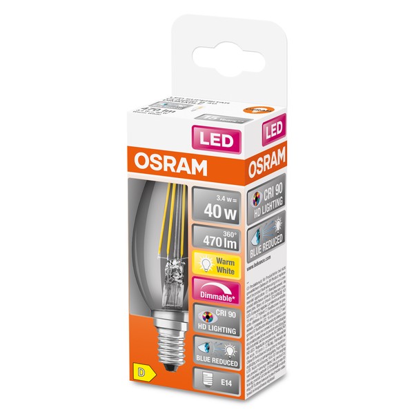 OSRAM LED Kerzenlampe Superstar Plus E14 Filament 3,4W 470lm warmweiss 2700K dimmbar 90Ra wie 40W