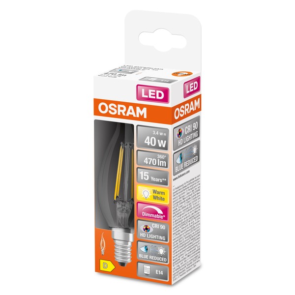 OSRAM LED Kerzenlampe Superstar Plus Windstoß E14 Filament 3,4W 470lm warmweiss 2700K dimmbar 90Ra wie 40W