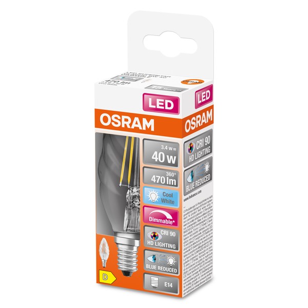 OSRAM LED Kerzenlampe Superstar Plus gedreht E14 Filament 3,4W 470lm neutralweiss 4000K dimmbar 90Ra wie 40W