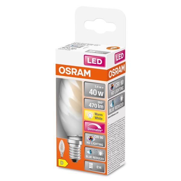 OSRAM LED Kerzenlampe Superstar Plus gedreht E14 Filament 3,4W 470lm warmweiss 2700K dimmbar 90Ra wie 40W