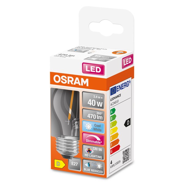 OSRAM LED Lampe Superstar Plus E27 Filament 3,4W 470lm neutralweiss 4000K dimmbar 90Ra wie 40W