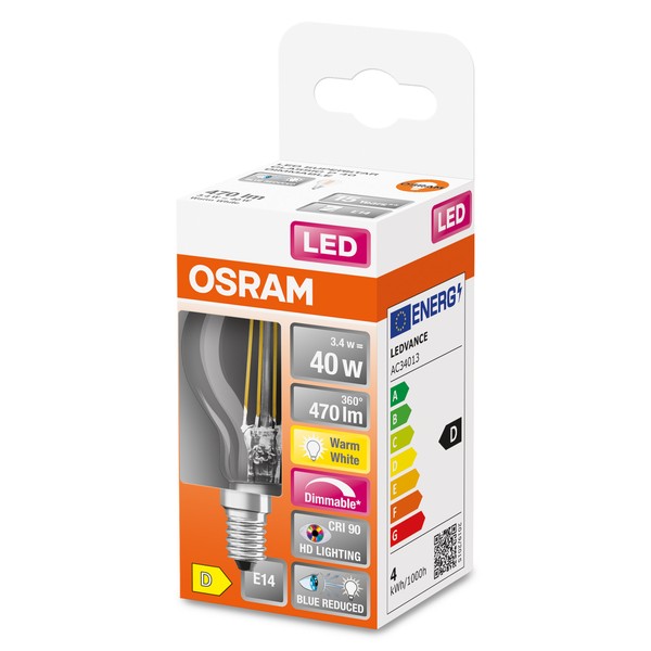 OSRAM LED Lampe Superstar Plus E14 Filament 3,4W 470lm warmweiss 2700K dimmbar 90Ra wie 40W