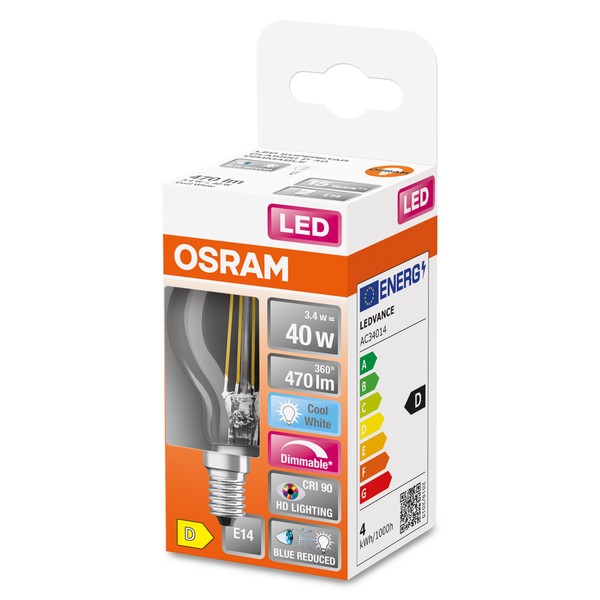 OSRAM LED Lampe Superstar Plus E14 Filament 3,4W 470lm neutralweiss 4000K dimmbar 90Ra wie 40W