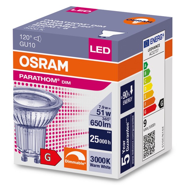 OSRAM LED Spot Strahler Parathom GU10 7,9W 650lm warmweiss 3000K 120° dimmbar 90Ra wie 51W