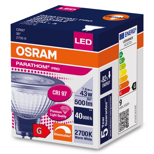 OSRAM LED Spot Strahler MR16 Parathom PRO GU5.3 7,8W 500lm warmweiss 2700K 36° dimmbar 97Ra CRI97 wie 43W