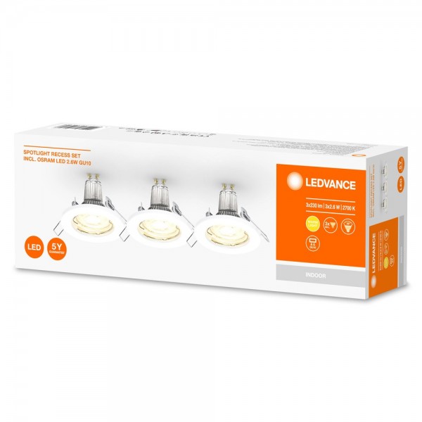 LEDVANCE GU10 Spot 3er-Pack LED Einbauleuchte, Einbaustrahler weiss 9,5cm 2,60W warmweiss 4058075611313