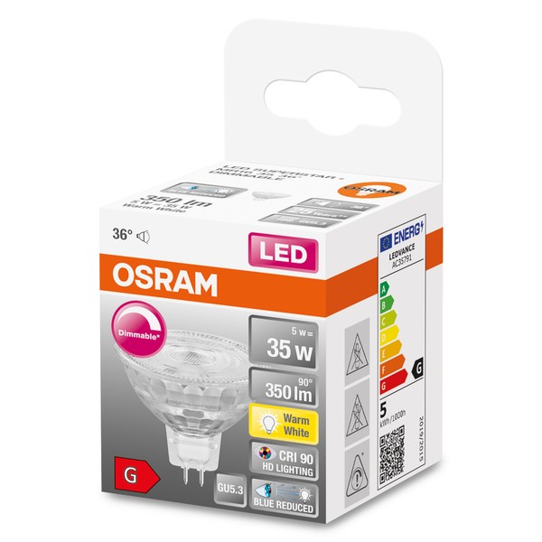 OSRAM LED Spot Strahler MR16 Superstar Plus GU5.3 5W 350lm warmweiss 2700K 36° dimmbar 90Ra wie 35W