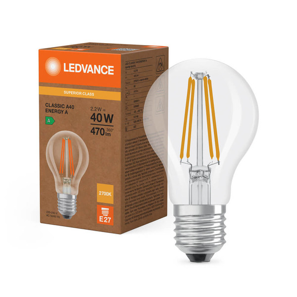 LEDVANCE LED Lampe E27 Classic Filament S A40 2.2W 470lm Warmweiss 2700K wie 40W höchste Effizienzklasse A 4099854236532
