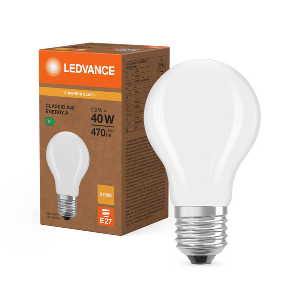LEDVANCE LED Lampe E27 Classic Filament S matt A40 2.2W 470lm Warmweiss 2700K wie 40W höchste Effizienzklasse A 4099854236556