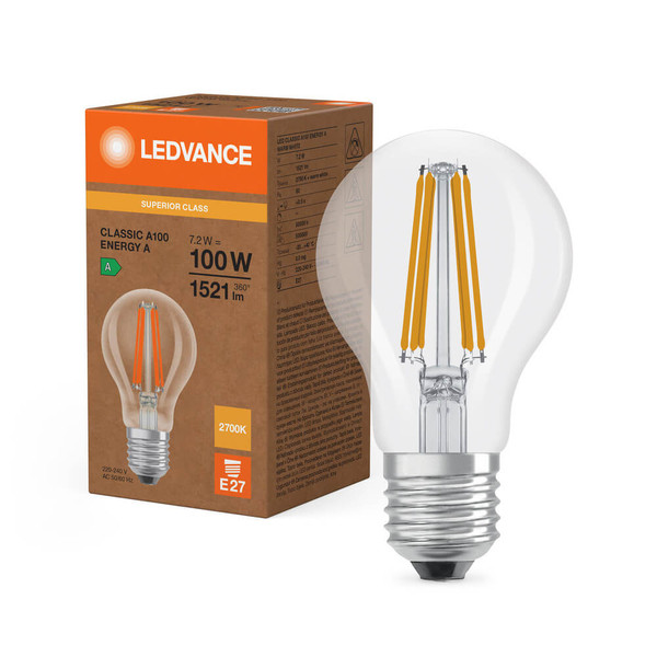 LEDVANCE LED Lampe E27 Classic Filament S A100 7.2W 1521lm Warmweiss 2700K wie 100W höchste Effizienzklasse A 4099854236655