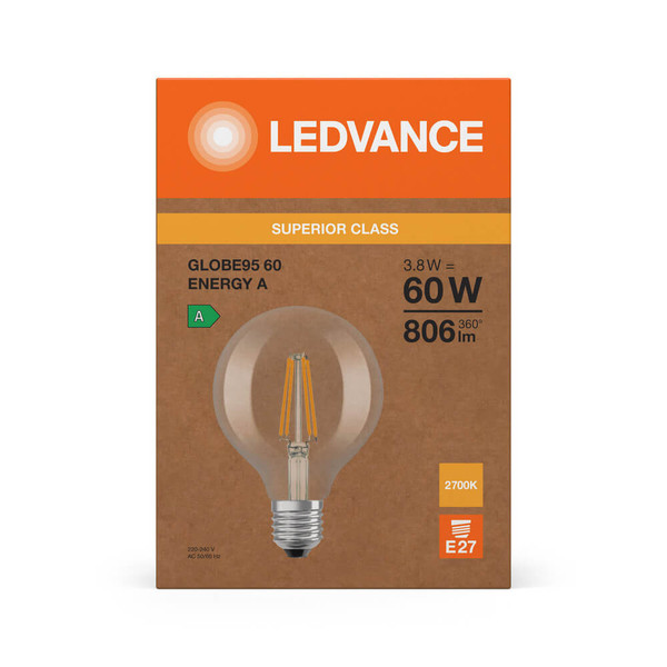 LEDVANCE LED Lampe E27 Classic Globe Filament S G95 3.8W 806lm Warmweiss 2700K wie 60W höchste Effizienzklasse A 4099854236990