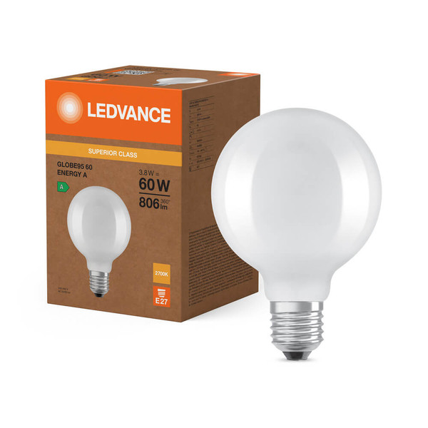 LEDVANCE LED Lampe E27 Classic Globe Filament S matt G95 3.8W 806lm Warmweiss 2700K wie 60W höchste Effizienzklasse A 4099854237010