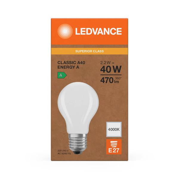 LEDVANCE LED Lampe E27 Classic Filament S matt A40 2.2W 470lm Neutralweiss 4000K wie 40W höchste Effizienzklasse A 4099854259548