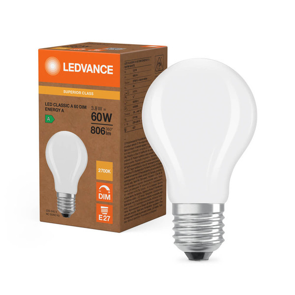 LEDVANCE LED Lampe E27 Classic Filament Dimmbar S matt A60 3.8W 806lm Warmweiss 2700K wie 60W höchste Effizienzklasse A 4099854265327