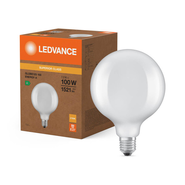 LEDVANCE LED Lampe E27 Classic Globe125 Filament S matt G125 7.2W 1521lm Warmweiss 2700K wie 100W höchste Effizienzklasse A 4099854280214