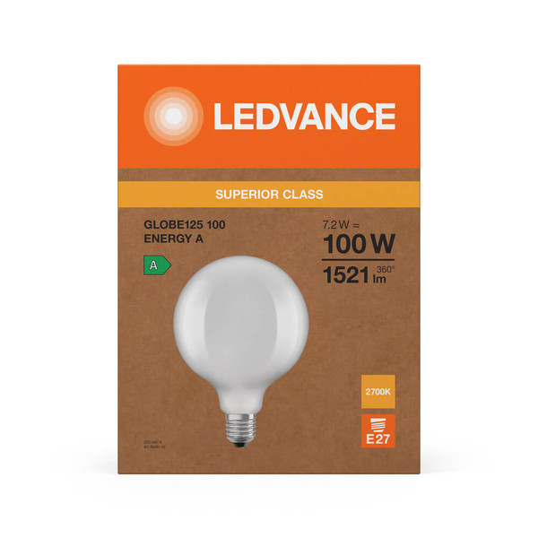 LEDVANCE LED Lampe E27 Classic Globe125 Filament S matt G125 7.2W 1521lm Warmweiss 2700K wie 100W höchste Effizienzklasse A 4099854280214
