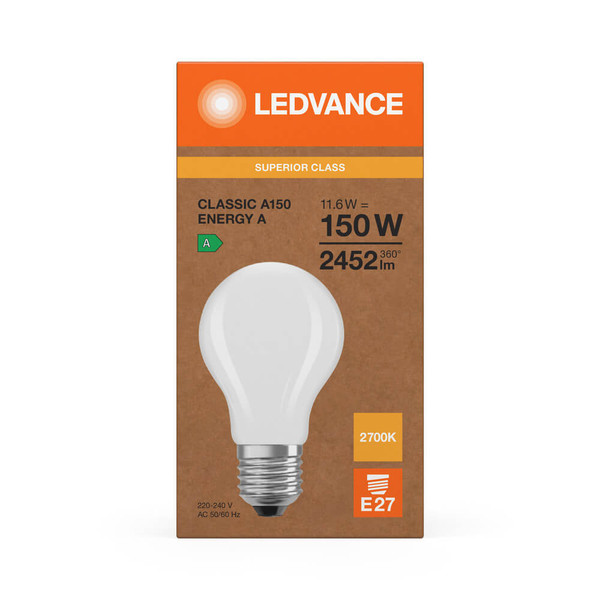 LEDVANCE LED Lampe E27 Classic Filament S matt A150 11.6W 2452lm Warmweiss 2700K wie 150W höchste Effizienzklasse A 4099854282195