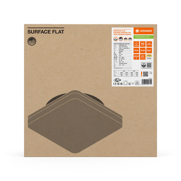 LEDVANCE LED Deckenleuchte Aufbaumontage Flat 33x33cm Surface 19W-12W warm-/neutralweiss 3000/4000K CCT IP54 4099854292712