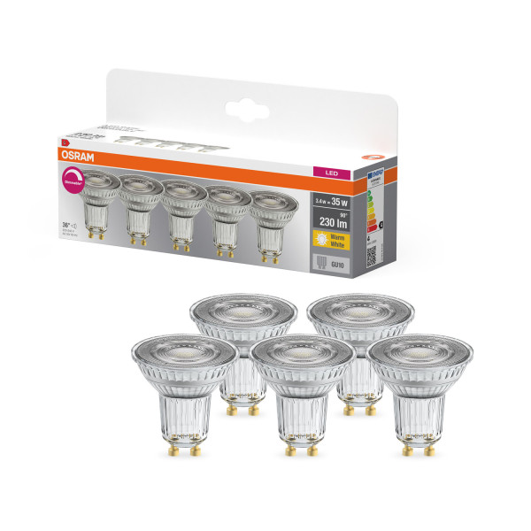 OSRAM LED Leuchtmittel LED BASE PAR16 3.4W 927 GU10 Dimmbar Warm weiß 4099854352355