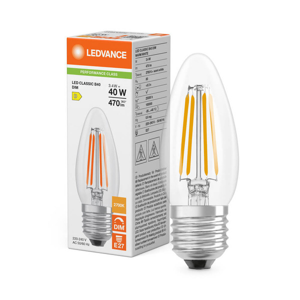 LEDVANCE LED Kerze E27 Classic Filament Dimmbar P B40 3.4W 470lm Warmweiss 2700K wie 40W 4099854439001