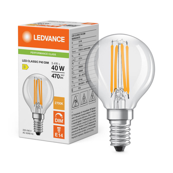 LEDVANCE LED Lampe E14 Classic Filament Dimmbar P P40 3.4W 470lm Warmweiss 2700K wie 40W 4099854439193