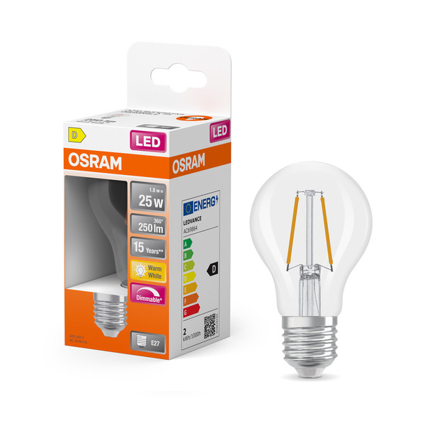OSRAM LED Leuchtmittel LED Retrofit CLASSIC A DIM 1.8W 827 Clear E27 Dimmbar Warm weiß 4099854443749