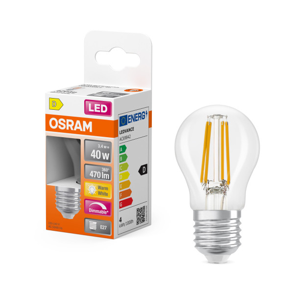 OSRAM LED Leuchtmittel LED Retrofit CLASSIC P DIM 3.4W 827 Clear E27 Dimmbar Warm weiß 4099854443947