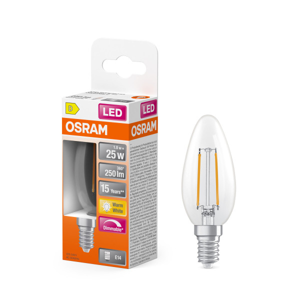 OSRAM LED Leuchtmittel LED Retrofit CLASSIC B DIM 1.8W 827 Clear E14 Dimmbar Warm weiß 4099854445040