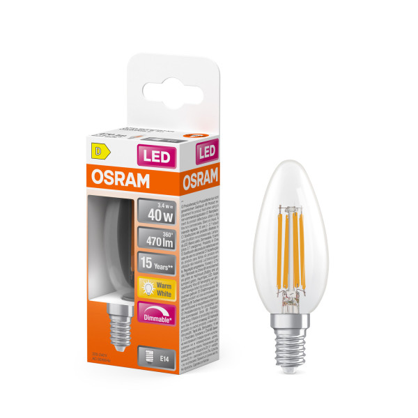 OSRAM LED Leuchtmittel LED Retrofit CLASSIC B DIM 3.4W 827 Clear E14 Dimmbar Warm weiß 4099854445712