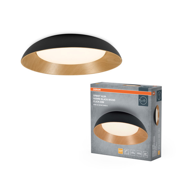 OSRAM LED Deckenleuchte Orbis Alva 505MM 36W 830 Click DIM Black and Wood Decor Dimmbar Warm weiß 4099854446337