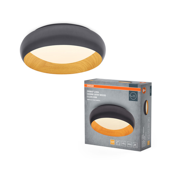 OSRAM LED Deckenleuchte Orbis Livia 300MM 16W 830 Click DIM Gray and Wood Decor Dimmbar Warm weiß 4099854448188