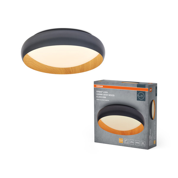OSRAM LED Deckenleuchte Orbis Livia 430MM 24W 830 Click DIM Gray and Wood Decor Dimmbar Warm weiß 4099854448249