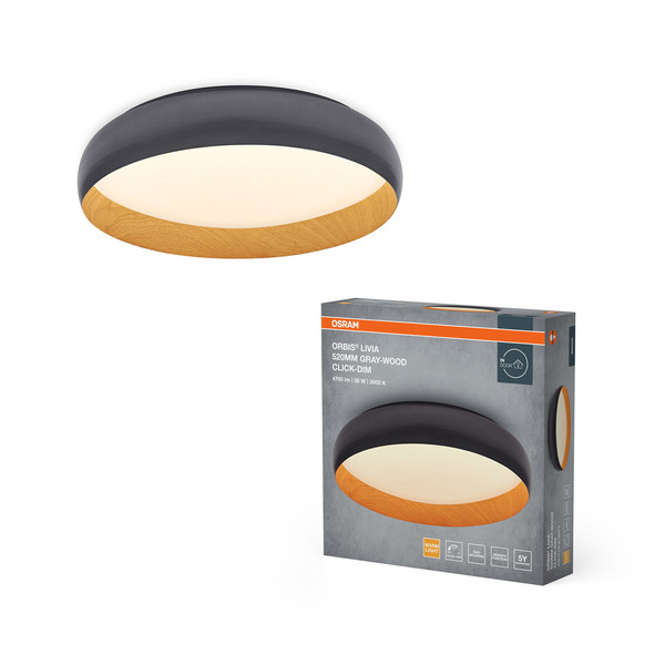 OSRAM LED Deckenleuchte Orbis Livia 520MM 36W 830 Click DIM Gray and Wood Decor Dimmbar Warm weiß 4099854448300