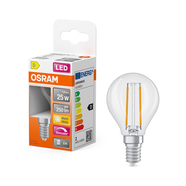 OSRAM LED Leuchtmittel LED Retrofit CLASSIC P DIM 1.8W 827 Clear E14 Dimmbar Warm weiß 4099854455360
