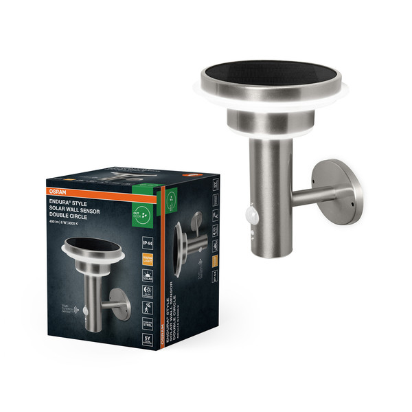OSRAM LED Aussenleuchte ENDURA STYLE SOLAR DOUBLE CIRCLE Wall Sensor Double Circle 6W Stainless Steel Dimmbar Warm weiß 4099854455384