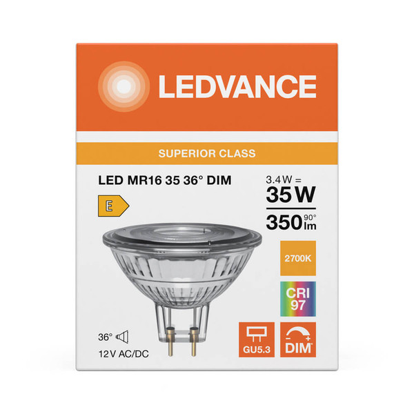 LEDVANCE LED Spot GU5.3 MR16 36° Dimmbar S 3.4W 350lm Warmweiss 2700K Ra>90 wie 35W 4099854456015