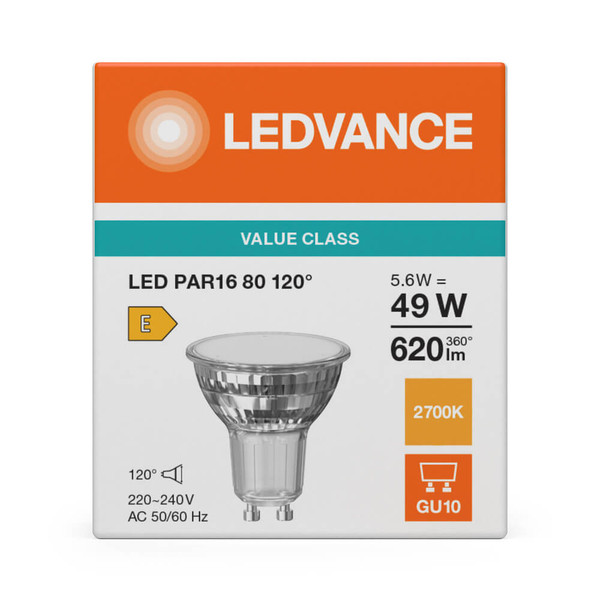 LEDVANCE LED Spot GU10 PAR16 120° P 5.6W 620lm Warmweiss 2700K wie 49W 4099854457326