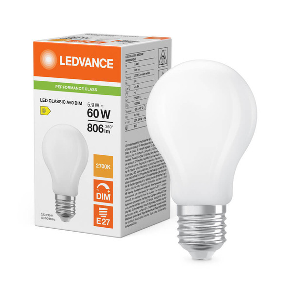 LEDVANCE LED Lampe E27 Classic Filament Dimmbar P matt A60 5.9W 806lm Warmweiss 2700K wie 60W 4099854463938