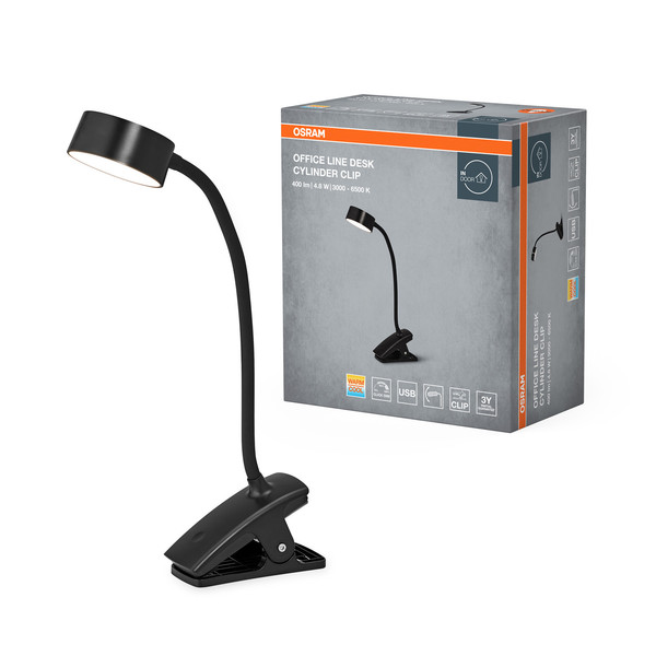 OSRAM LED Tischleuchte Office Line Desk Cylinder Clip 4.8W TW Black Dimmbar Tunable White 4099854464294